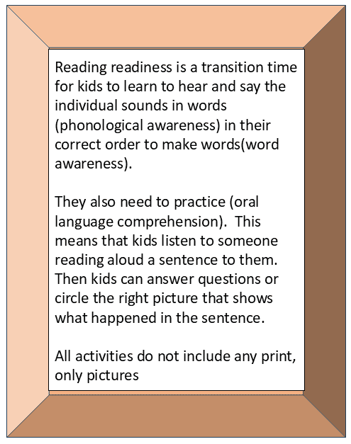 Framed poster explaining reading readiness activities